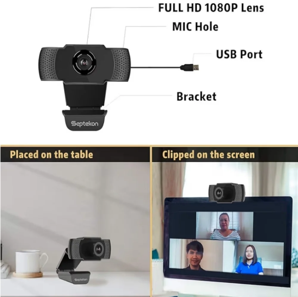 Black USB Webcam with Built-In Microphone